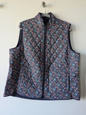 Quilted Puff Floral Zip-Front Women's Vest - Navy Floral Reverse Size XL